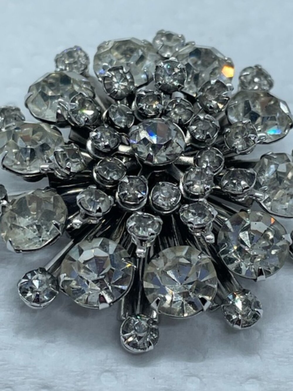 Vintage Clear Rhinestone Brooch Silver Tone Layered Domed Cluster Pin 1.5”